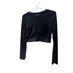 Only Shirt Womens Large Black Velvet Long Sleeve Cropped Ring Hem Top Ruched‎